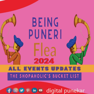 Vibrant poster featuring the details of Being Puneri Flea 2024 event at Royal Palms, Pune